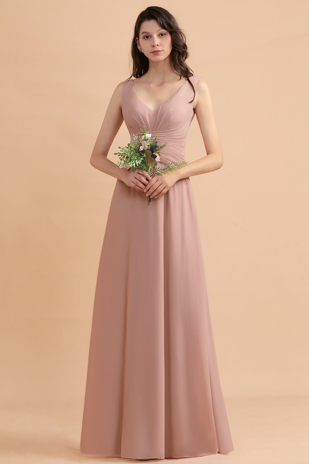 A-Line Chiffon Bridesmaid Dress V-neck Backless Floor Length Maid of Honor Dress