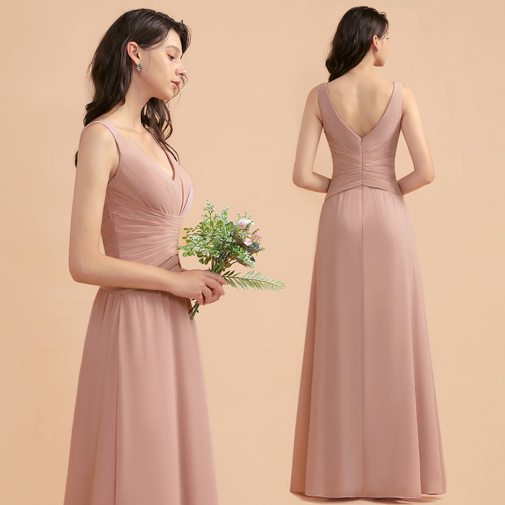 A-Line Chiffon Bridesmaid Dress V-neck Backless Floor Length Maid of Honor Dress