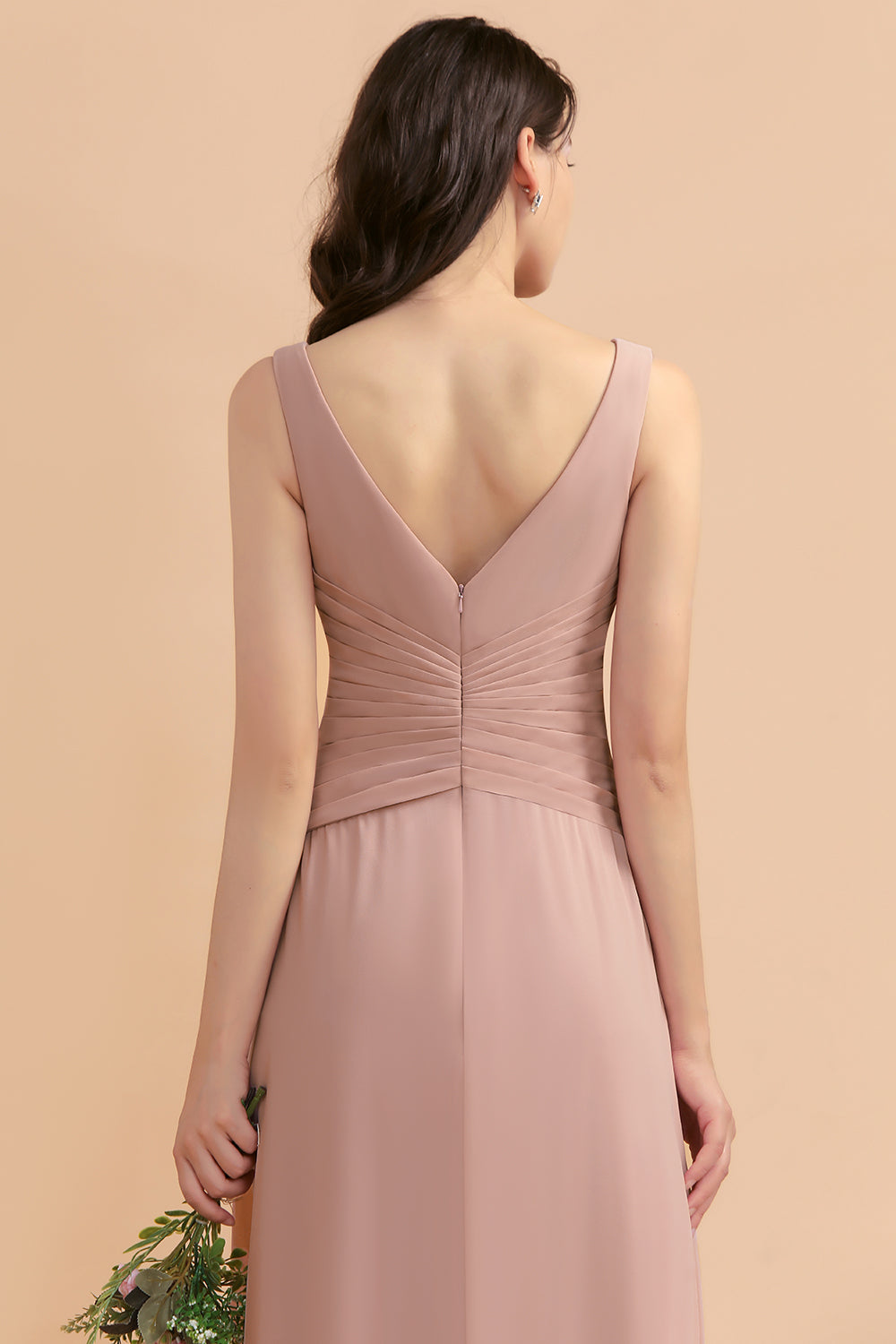 A-Line Chiffon Bridesmaid Dress V-neck Backless Floor Length Maid of Honor Dress