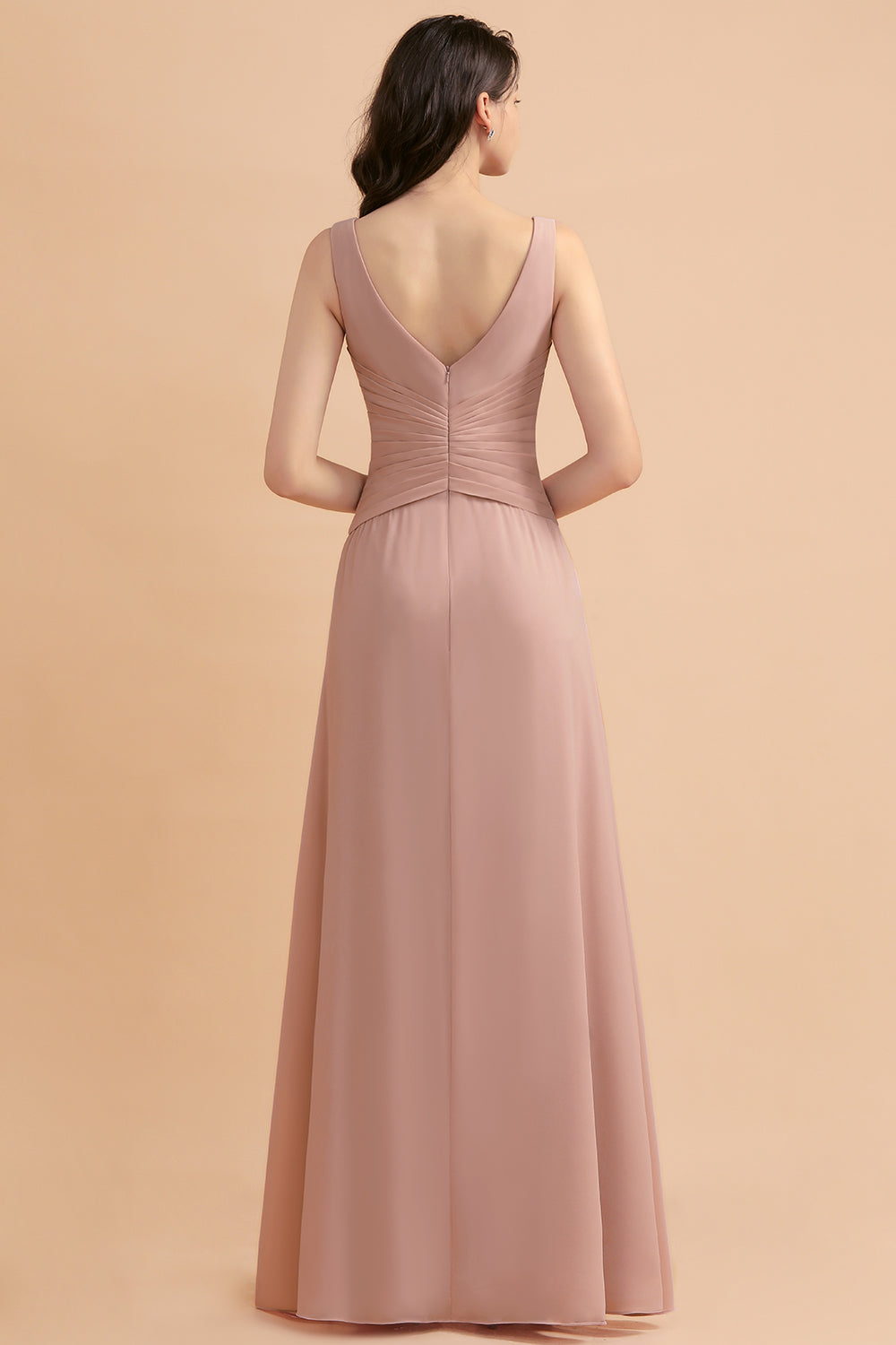 A-Line Chiffon Bridesmaid Dress V-neck Backless Floor Length Maid of Honor Dress