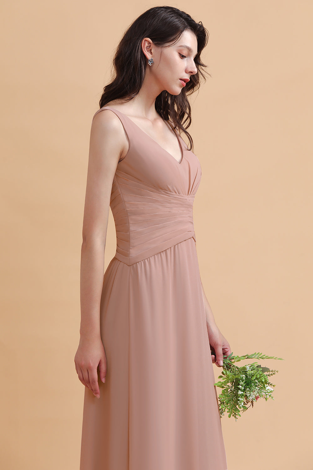 A-Line Chiffon Bridesmaid Dress V-neck Backless Floor Length Maid of Honor Dress