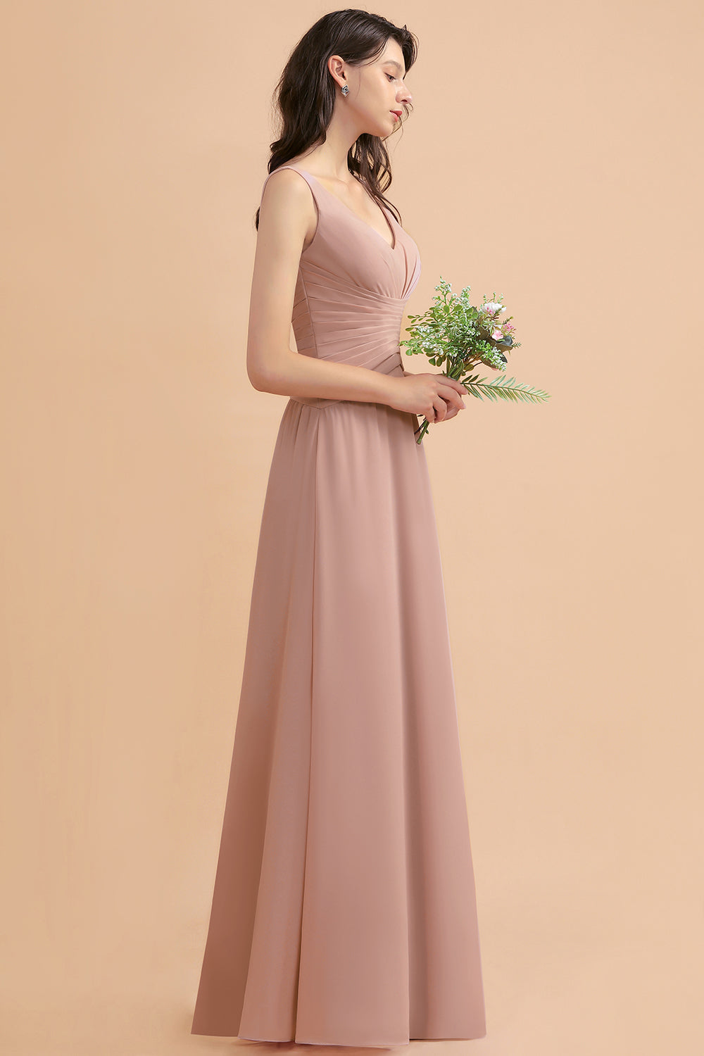 A-Line Chiffon Bridesmaid Dress V-neck Backless Floor Length Maid of Honor Dress