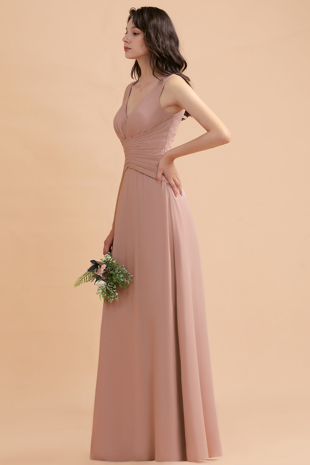A-Line Chiffon Bridesmaid Dress V-neck Backless Floor Length Maid of Honor Dress