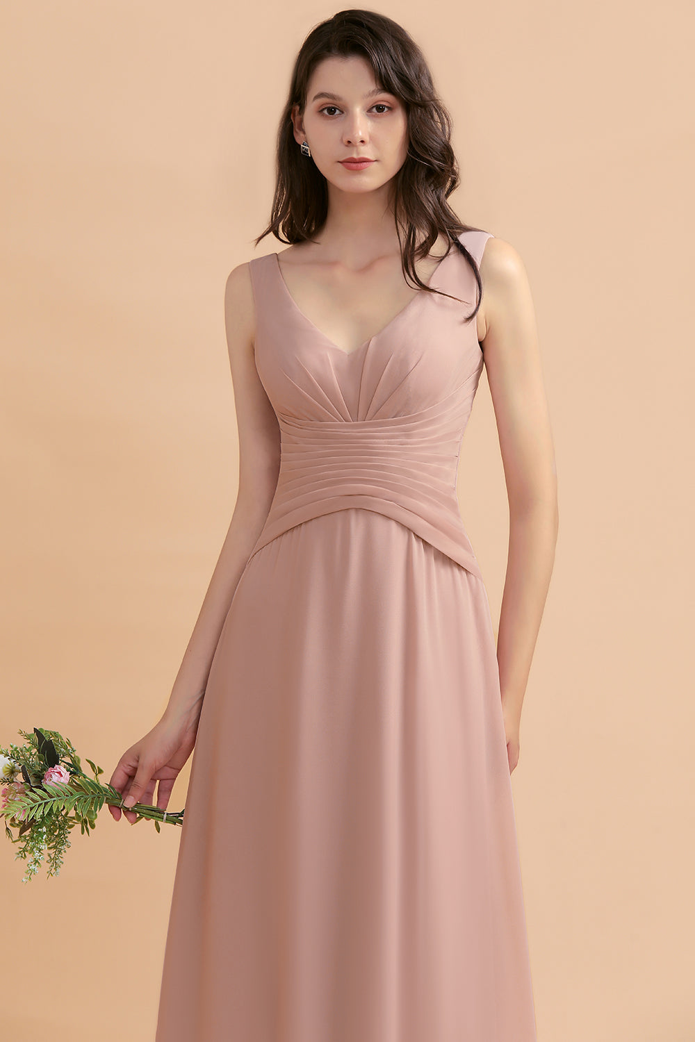 A-Line Chiffon Bridesmaid Dress V-neck Backless Floor Length Maid of Honor Dress