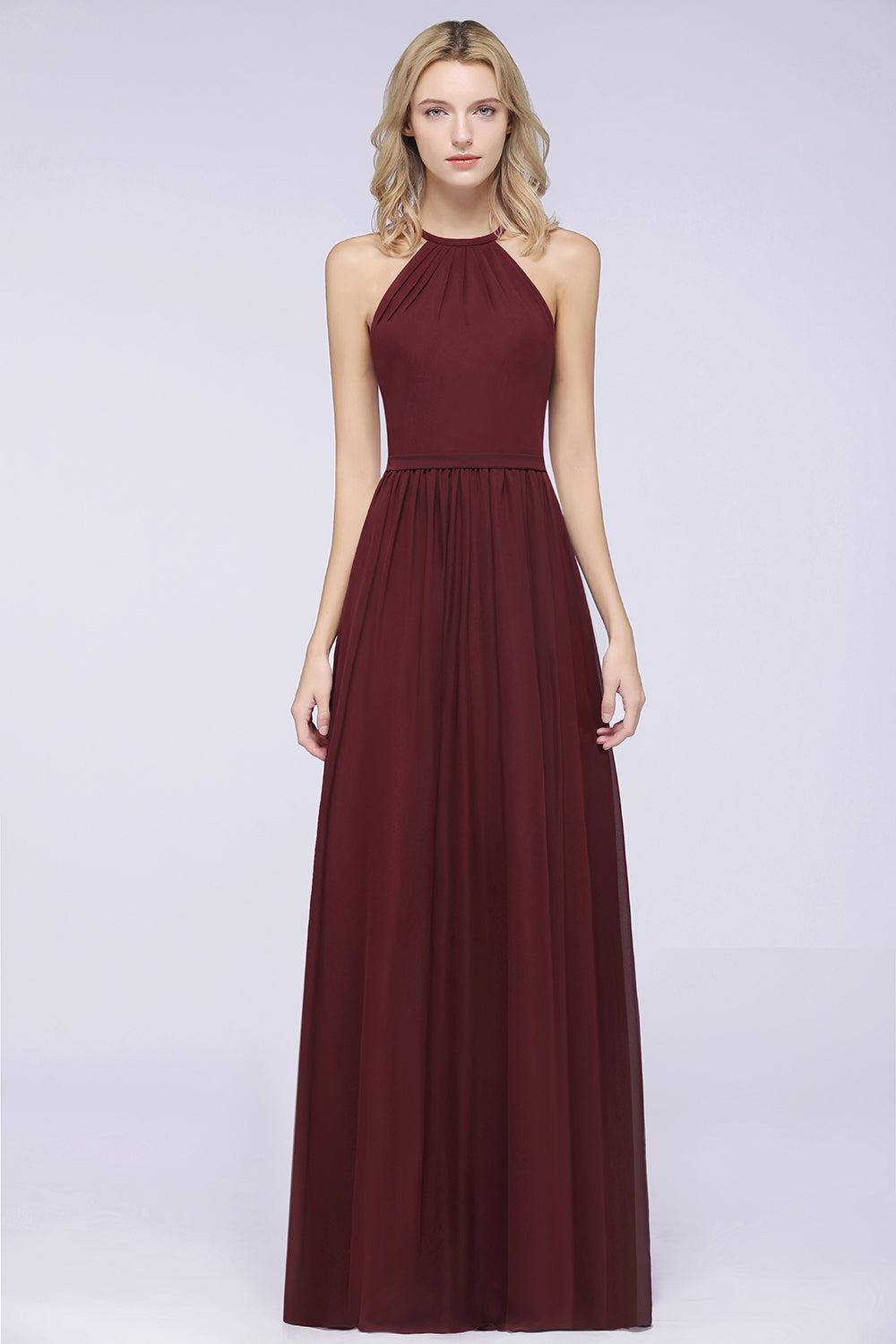 A-Line Chiffon Halter Sleeveless Floor Length Bridesmaid Dress with Ruffles
