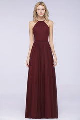 A-Line Chiffon Halter Sleeveless Floor Length Bridesmaid Dress with Ruffles
