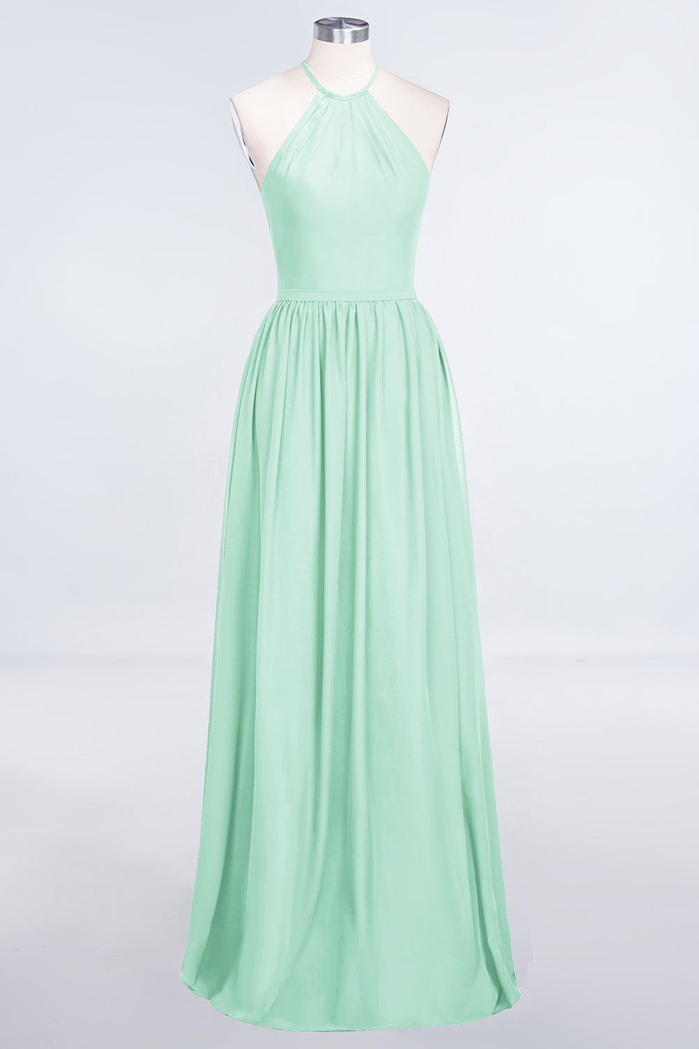 A-Line Chiffon Halter Sleeveless Floor Length Bridesmaid Dress with Ruffles