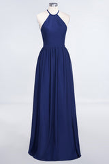A-Line Chiffon Halter Sleeveless Floor Length Bridesmaid Dress with Ruffles