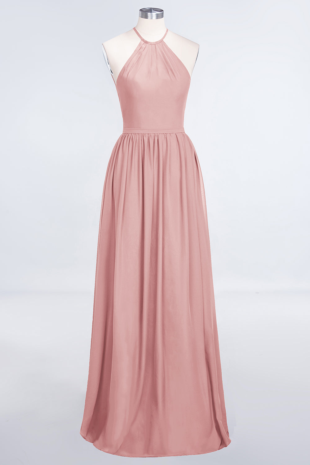 A-Line Chiffon Halter Sleeveless Floor Length Bridesmaid Dress with Ruffles