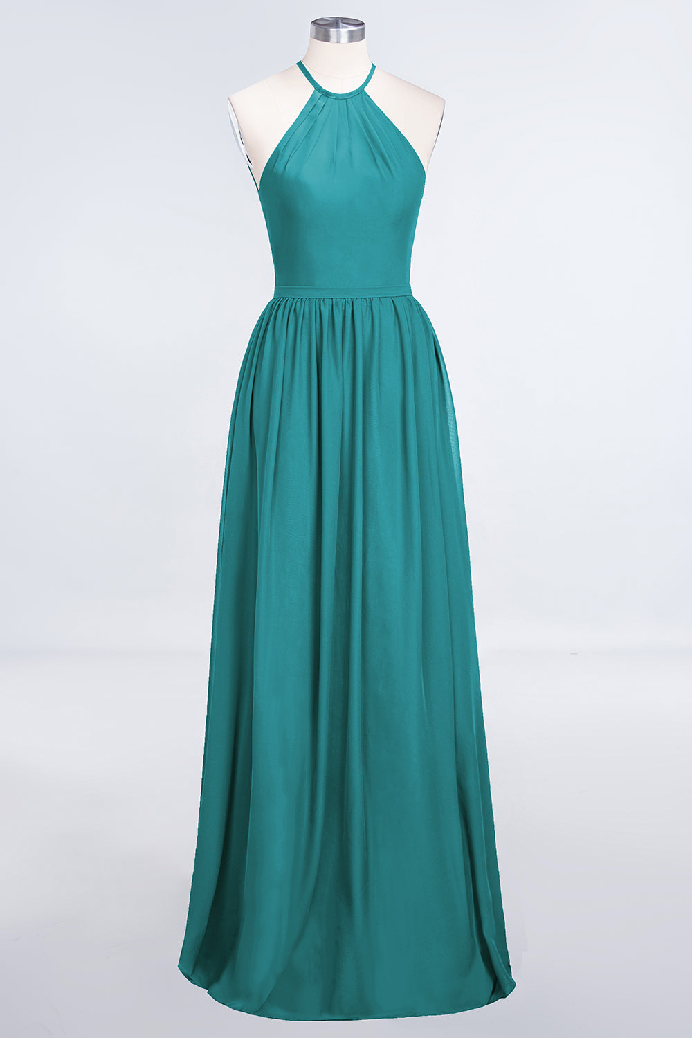 A-Line Chiffon Halter Sleeveless Floor Length Bridesmaid Dress with Ruffles