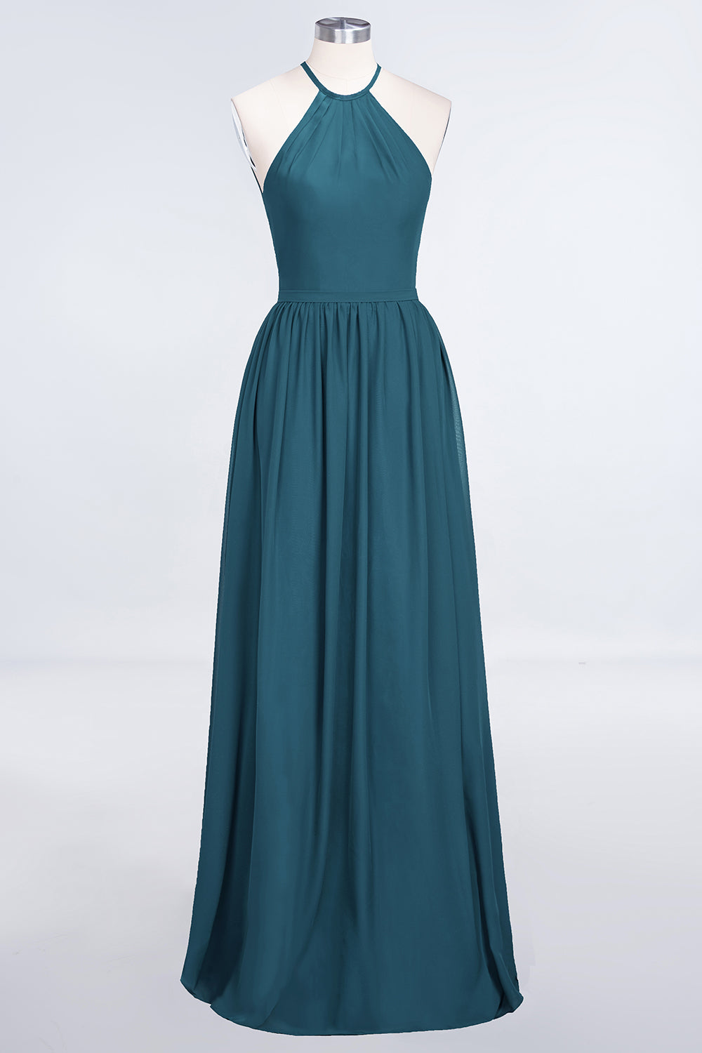 A-Line Chiffon Halter Sleeveless Floor Length Bridesmaid Dress with Ruffles