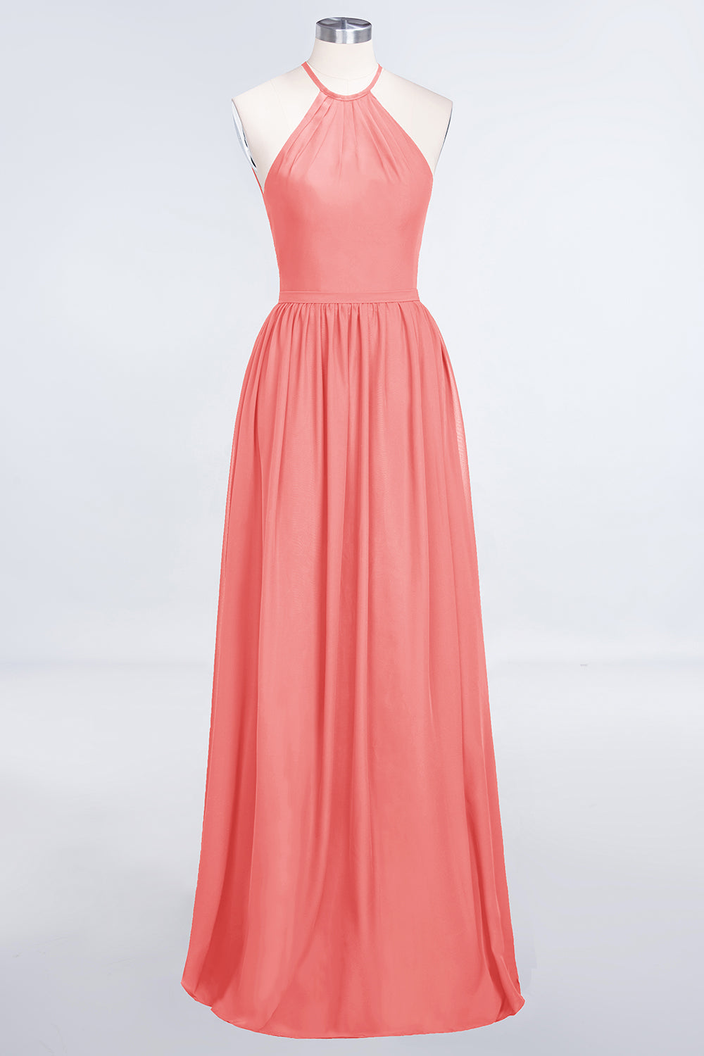 A-Line Chiffon Halter Sleeveless Floor Length Bridesmaid Dress with Ruffles