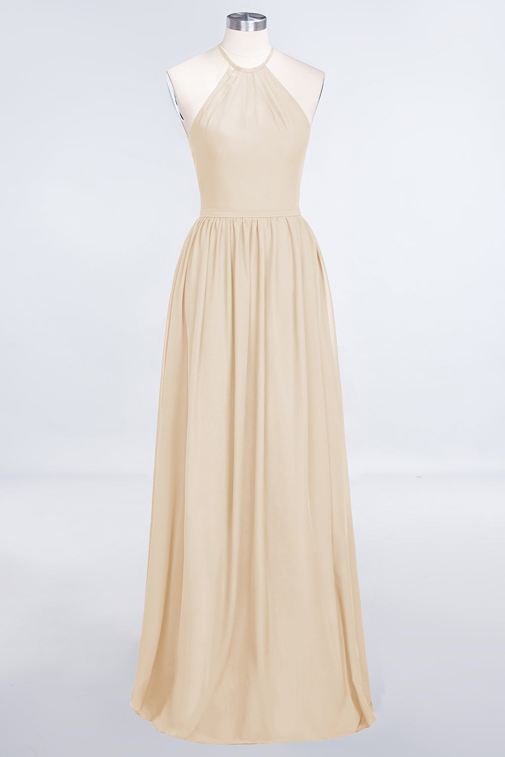A-Line Chiffon Halter Sleeveless Floor Length Bridesmaid Dress with Ruffles