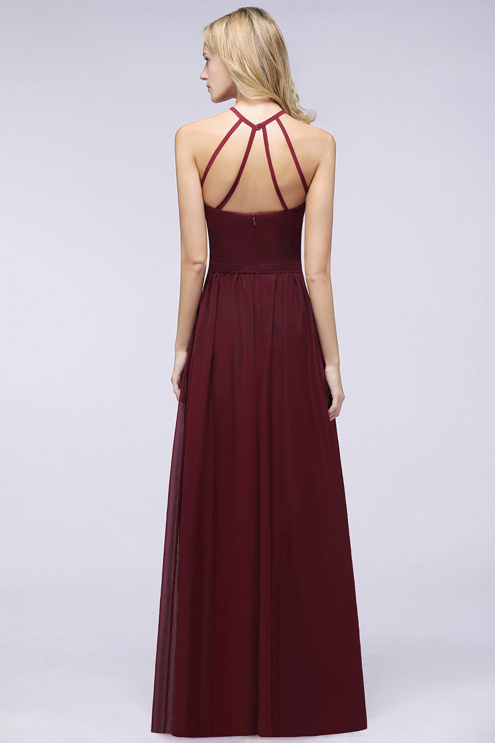 A-Line Chiffon Halter Sleeveless Floor Length Bridesmaid Dress with Ruffles