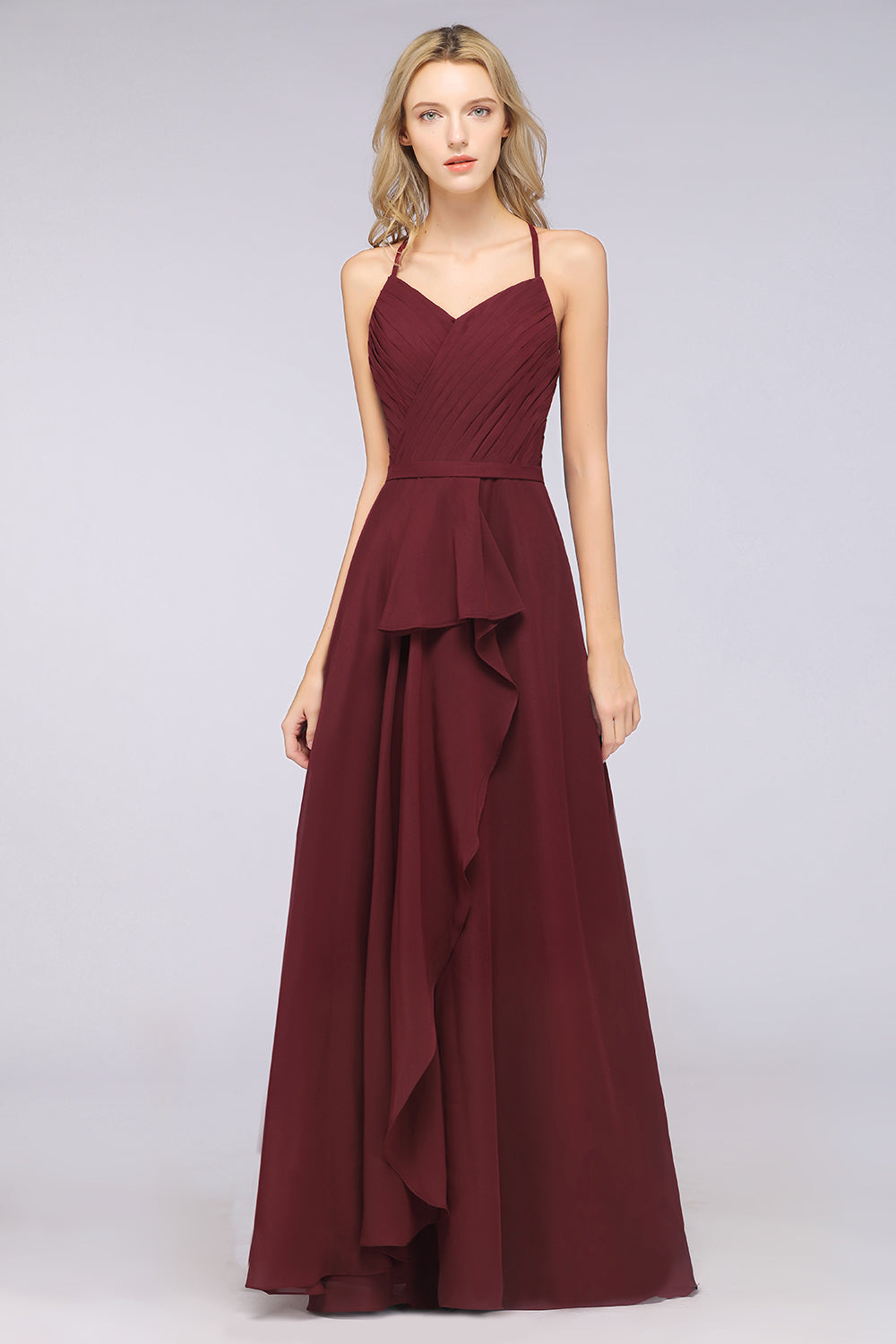 A-Line Chiffon Halter V-Neck Sleeveless Floor Length Bridesmaid Dress with Ruffle