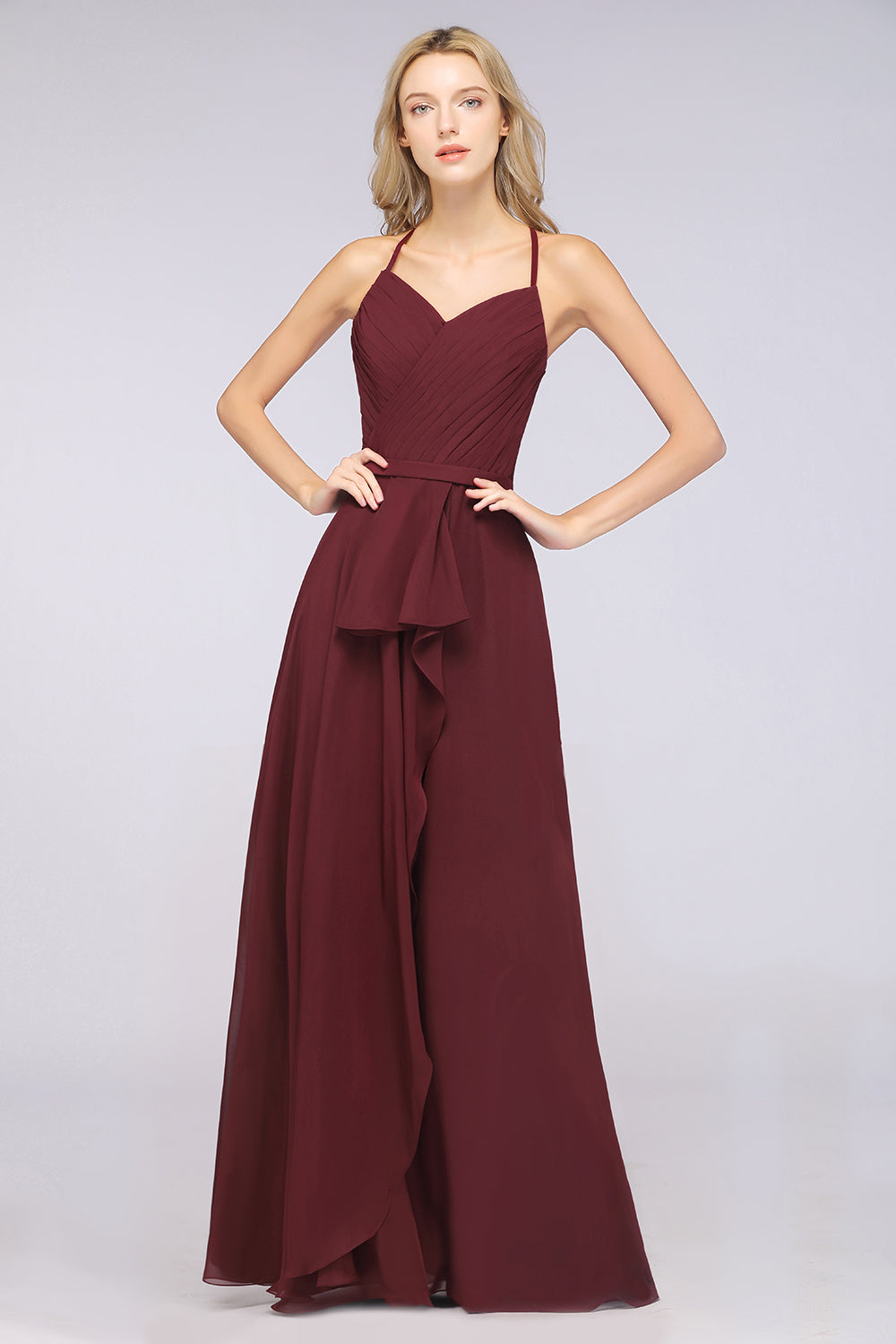 A-Line Chiffon Halter V-Neck Sleeveless Floor Length Bridesmaid Dress with Ruffle