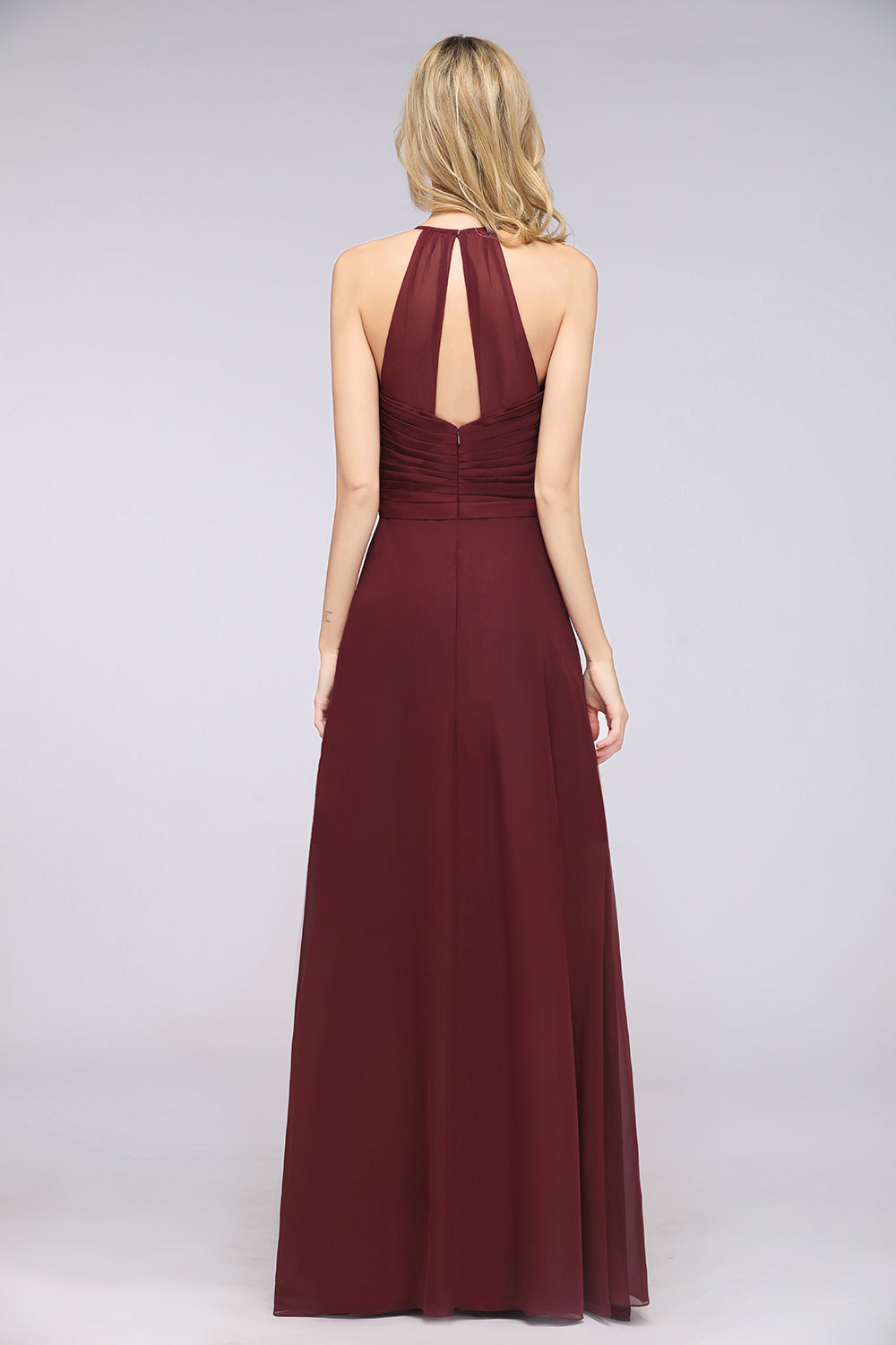 A-Line Chiffon Halter V-Neck Sleeveless Floor Length Bridesmaid Dress with Ruffle