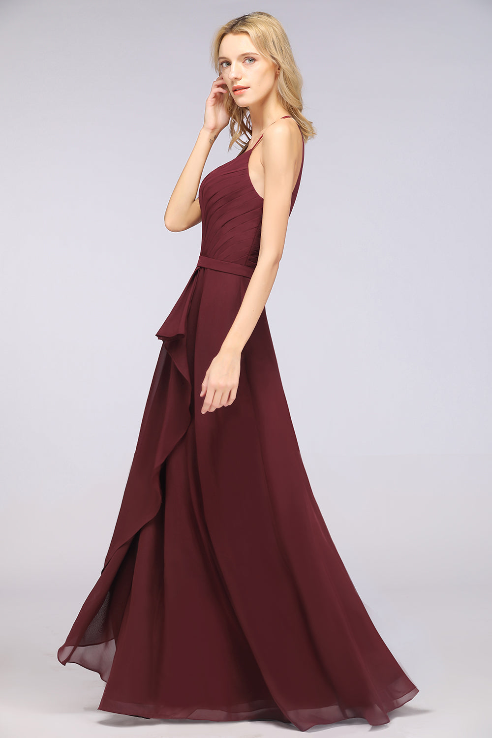 A-Line Chiffon Halter V-Neck Sleeveless Floor Length Bridesmaid Dress with Ruffle