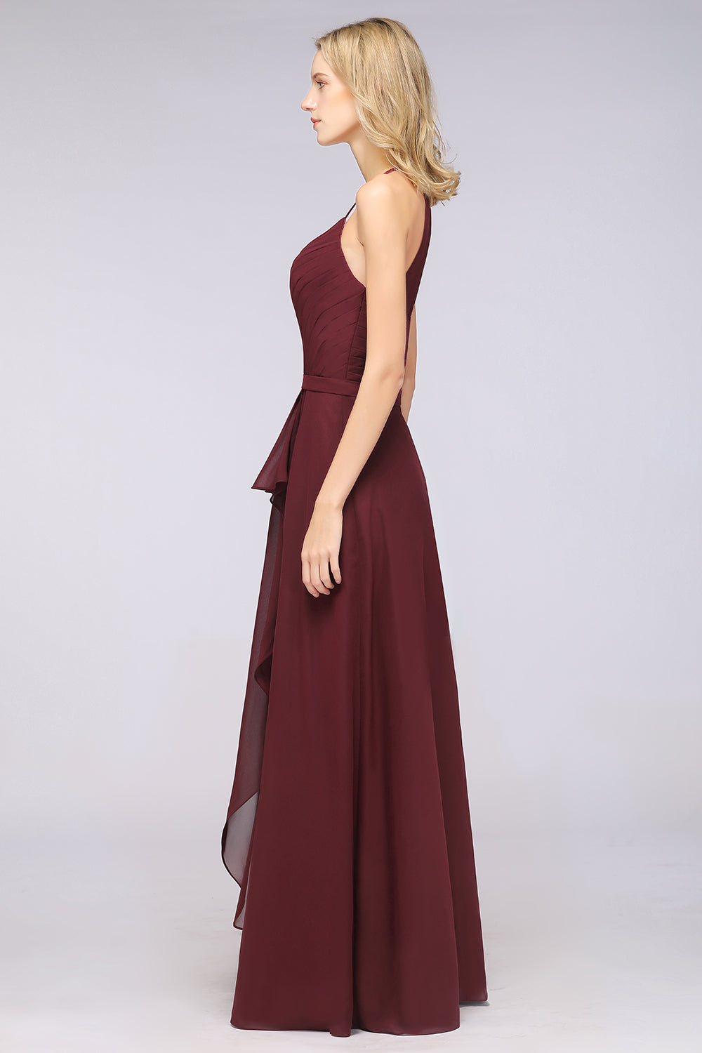 A-Line Chiffon Halter V-Neck Sleeveless Floor Length Bridesmaid Dress with Ruffle