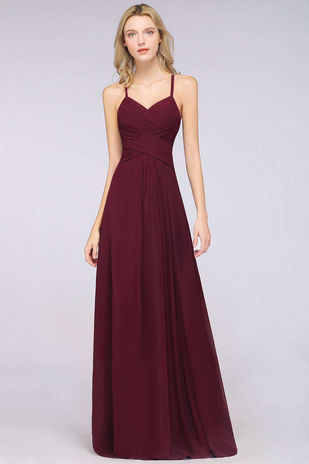 A-Line Chiffon Halter V-Neck Sleeveless Floor Length Bridesmaid Dress with Ruffles