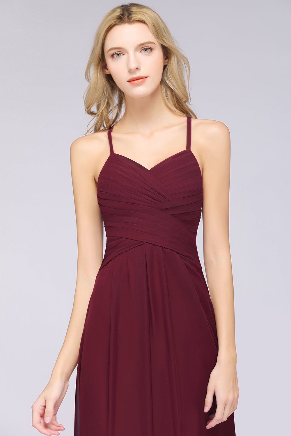 A-Line Chiffon Halter V-Neck Sleeveless Floor Length Bridesmaid Dress with Ruffles