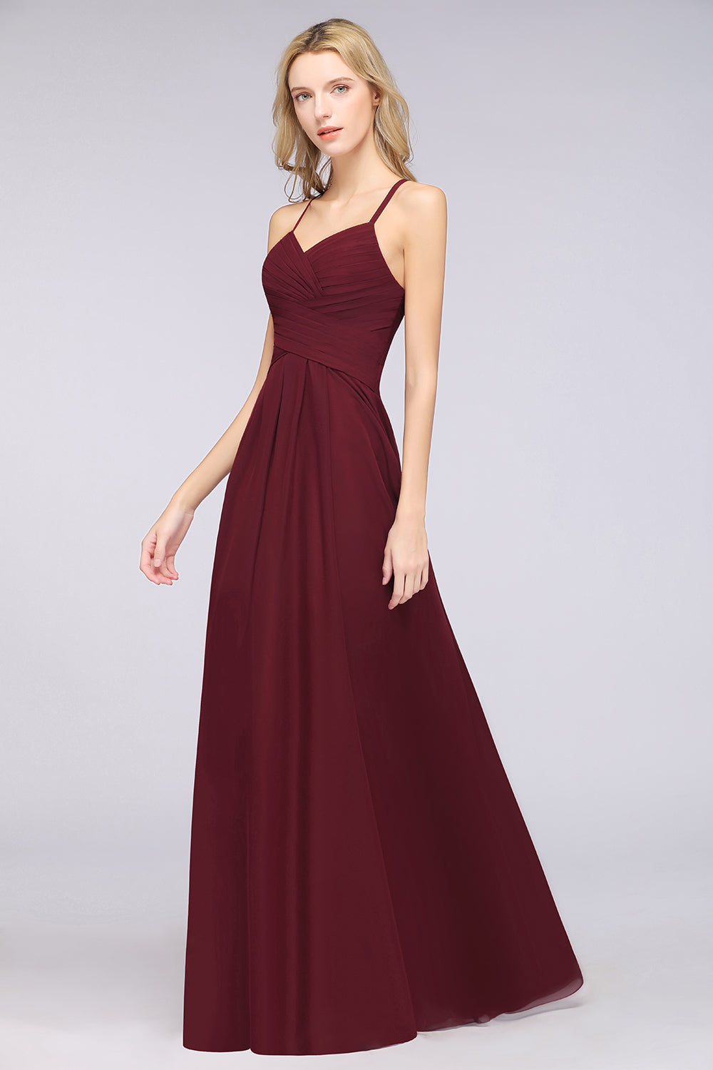 A-Line Chiffon Halter V-Neck Sleeveless Floor Length Bridesmaid Dress with Ruffles