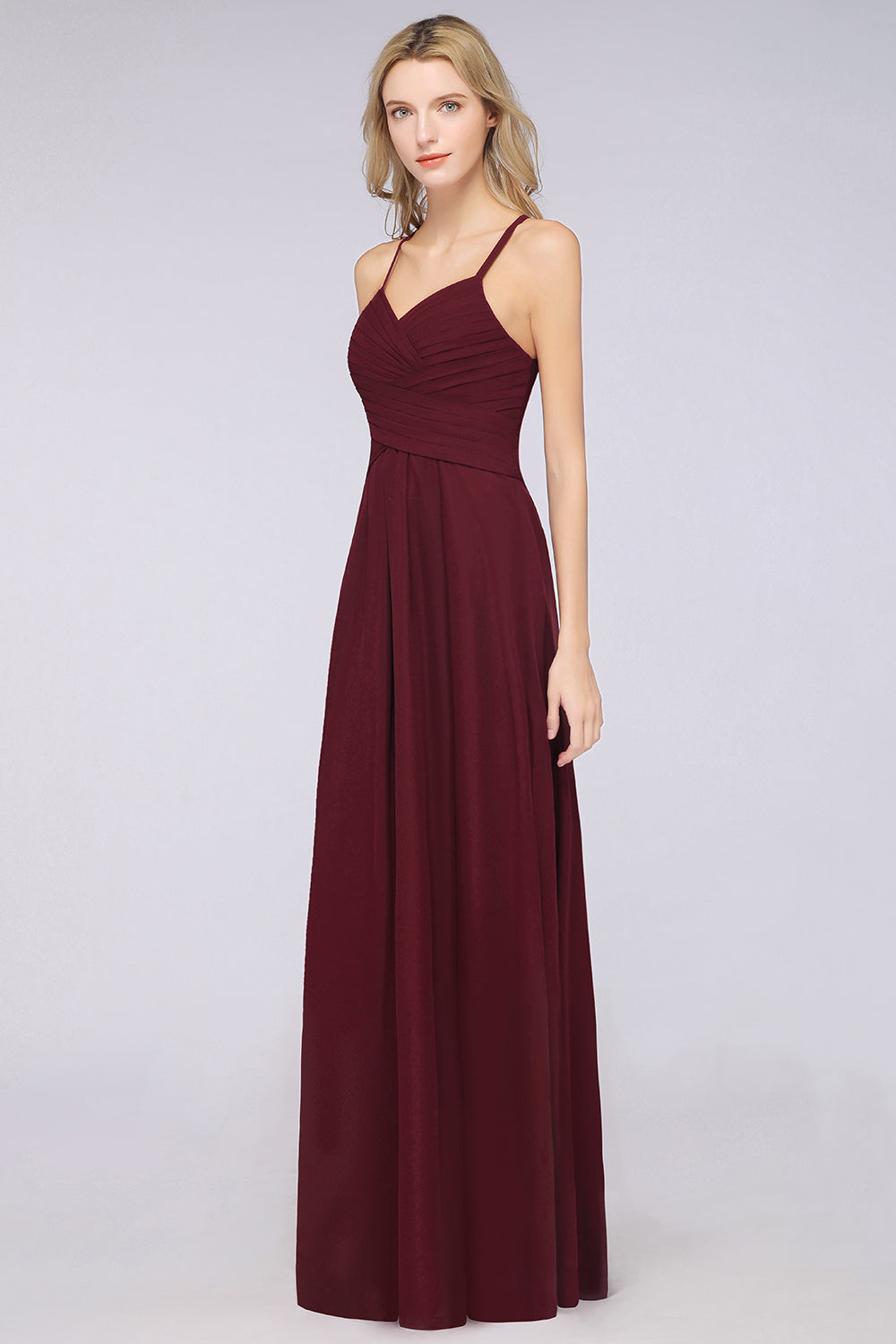 A-Line Chiffon Halter V-Neck Sleeveless Floor Length Bridesmaid Dress with Ruffles