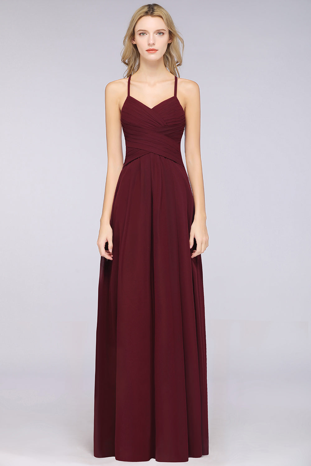 A-Line Chiffon Halter V-Neck Sleeveless Floor Length Bridesmaid Dress with Ruffles