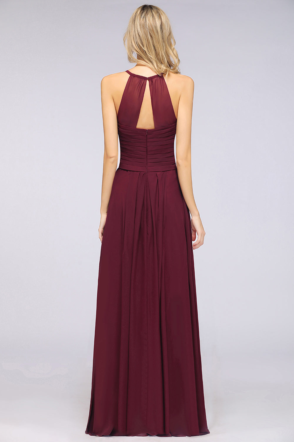 A-Line Chiffon Halter V-Neck Sleeveless Floor Length Bridesmaid Dress with Ruffles