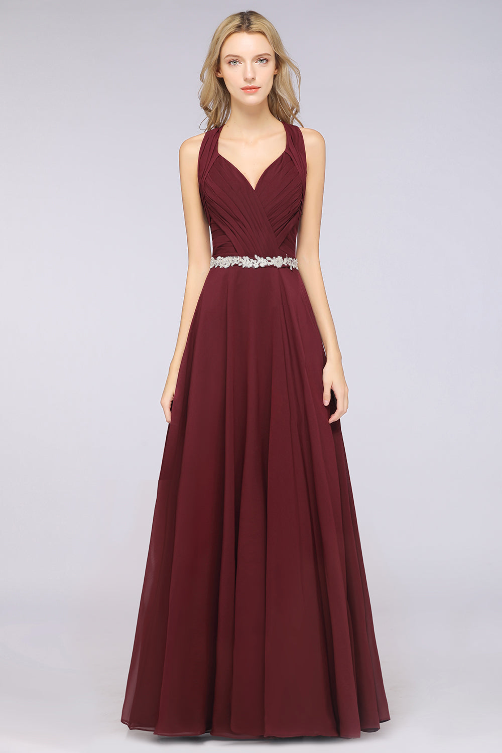 A-Line Chiffon Halter V-Neck Sleeveless Ruffle Floor Length Bridesmaid Dress with Appliques Sashes