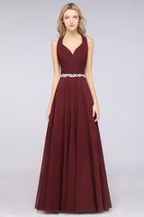 A-Line Chiffon Halter V-Neck Sleeveless Ruffle Floor Length Bridesmaid Dress with Appliques Sashes