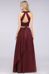 A-Line Chiffon Halter V-Neck Sleeveless Ruffle Floor Length Bridesmaid Dress with Appliques Sashes