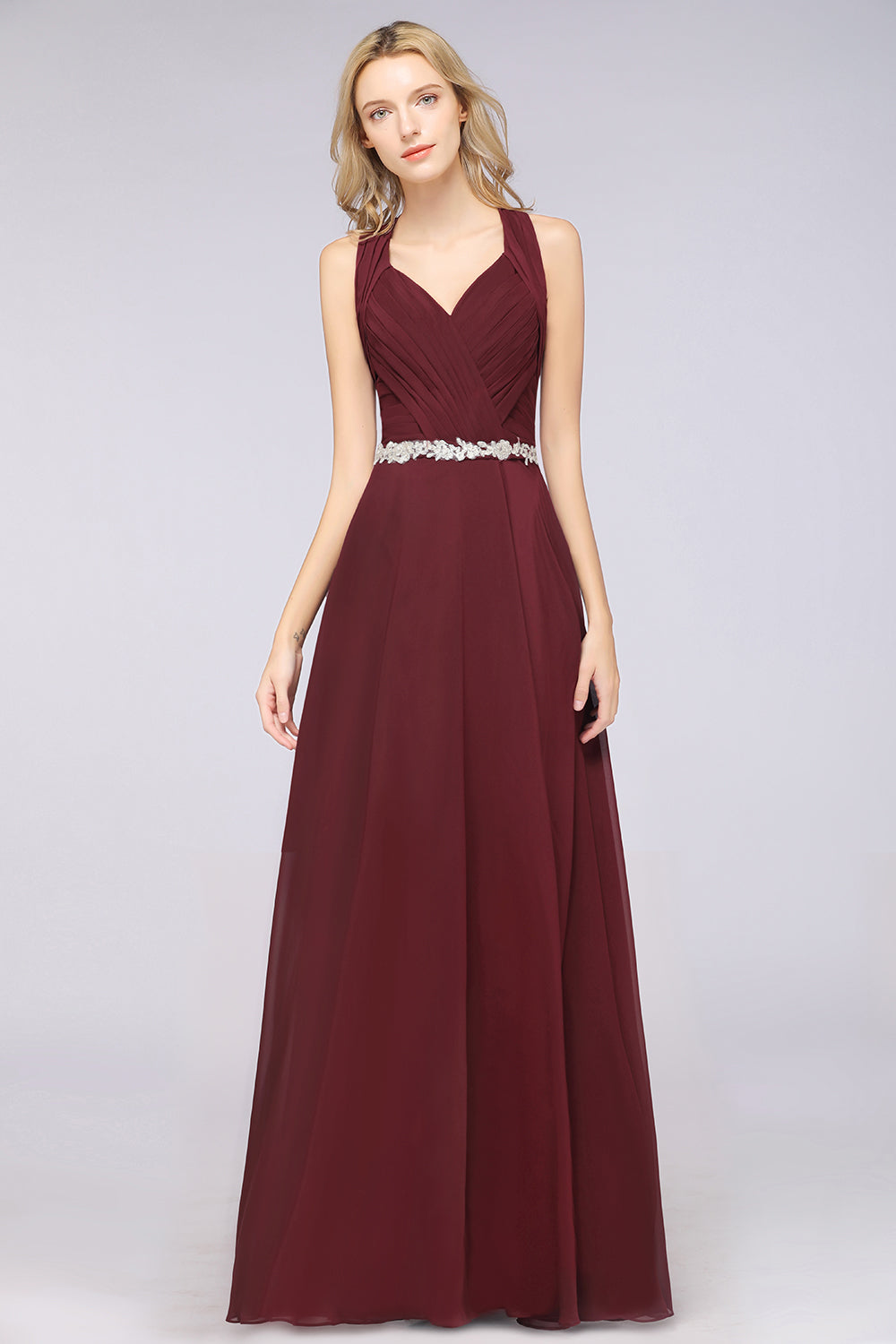 A-Line Chiffon Halter V-Neck Sleeveless Ruffle Floor Length Bridesmaid Dress with Appliques Sashes