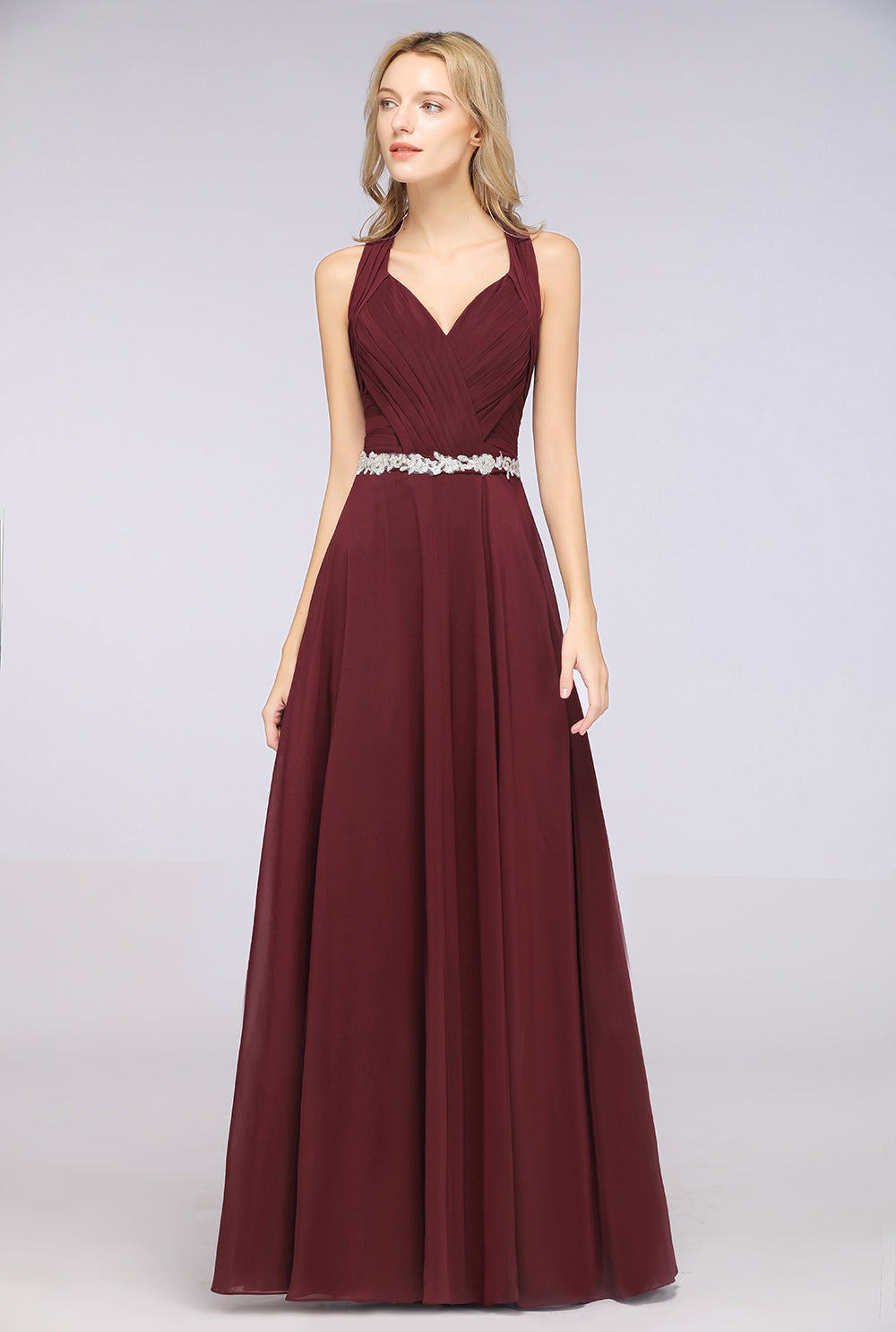 A-Line Chiffon Halter V-Neck Sleeveless Ruffle Floor Length Bridesmaid Dress with Appliques Sashes