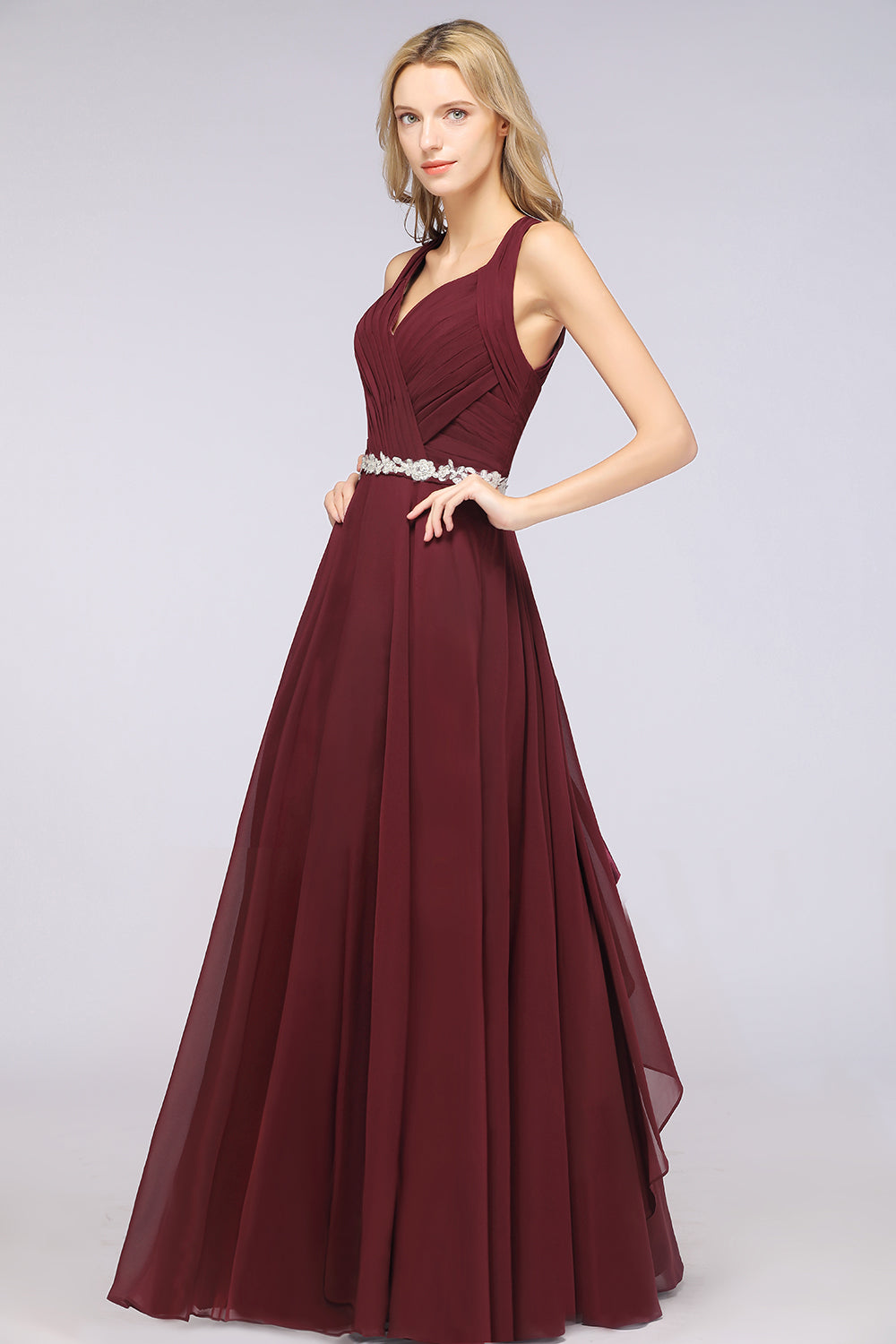 A-Line Chiffon Halter V-Neck Sleeveless Ruffle Floor Length Bridesmaid Dress with Appliques Sashes