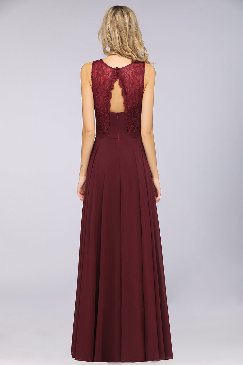 A-Line Chiffon Lace Jewel Sleeveless Hollowout Floor Length Bridesmaid Dress