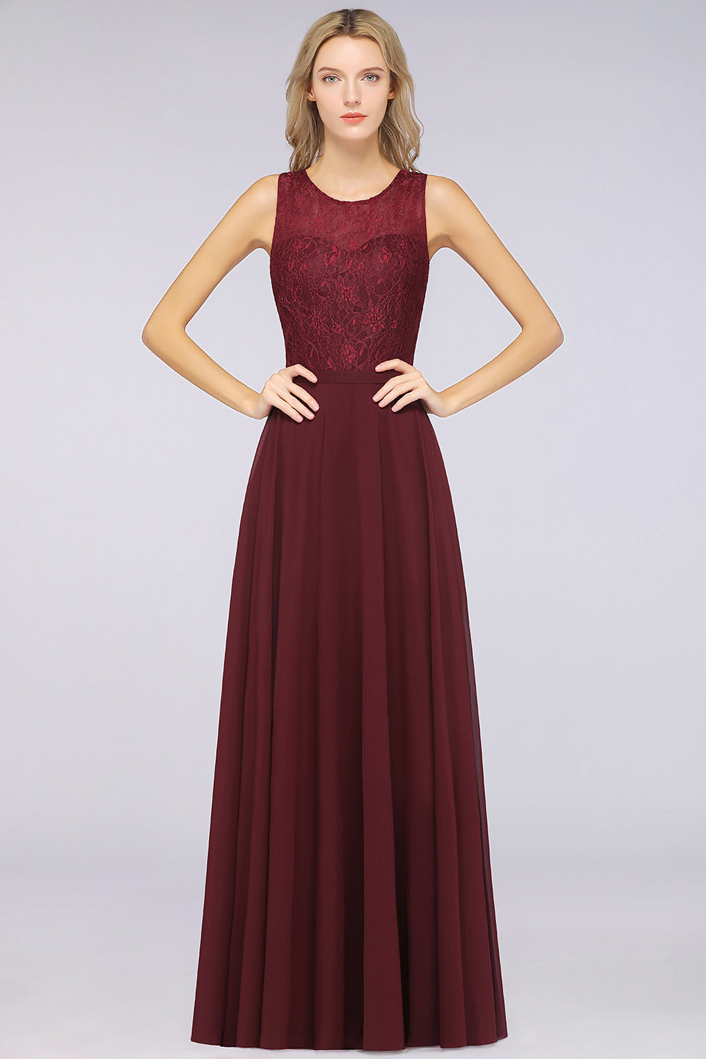 A-Line Chiffon Lace Jewel Sleeveless Hollowout Floor Length Bridesmaid Dress