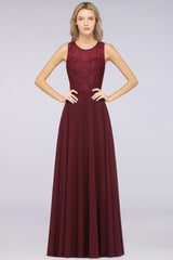 A-Line Chiffon Lace Jewel Sleeveless Hollowout Floor Length Bridesmaid Dress