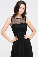 A-Line Chiffon Lace Jewel Sleeveless Keyhole Floor Length Bridesmaid Dresses
