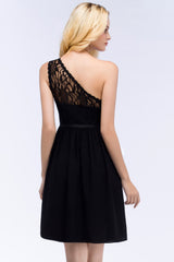 A-Line Chiffon Lace One Shoulder Short Sleeves Knee-Length Bridesmaid Dresses with Sash
