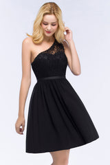 A-Line Chiffon Lace One Shoulder Short Sleeves Knee-Length Bridesmaid Dresses with Sash
