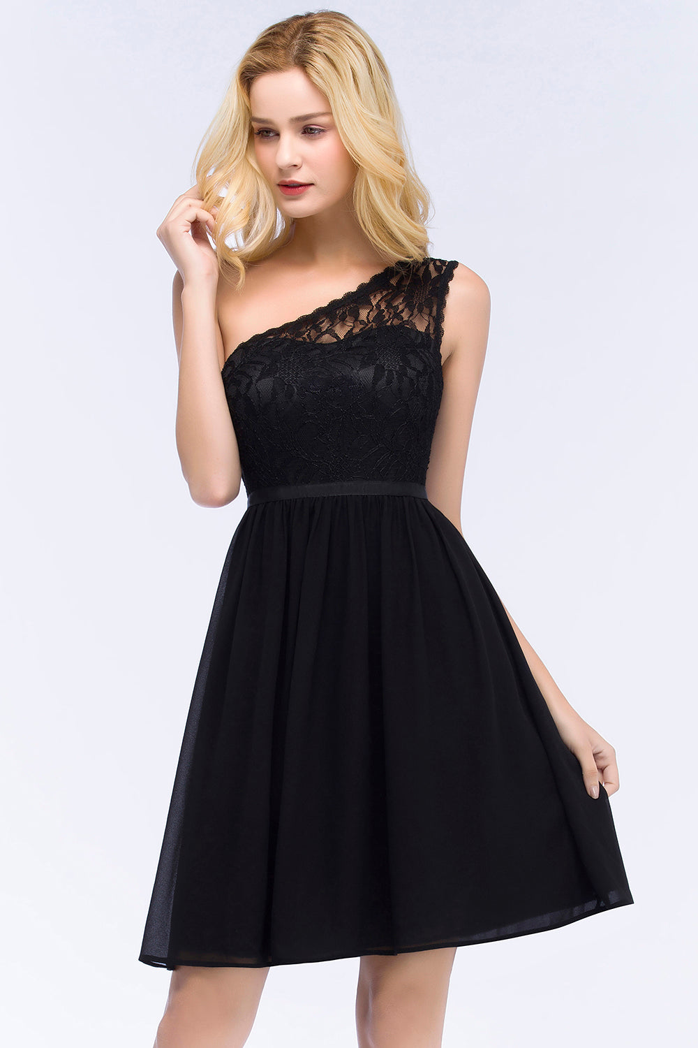 A-Line Chiffon Lace One Shoulder Short Sleeves Knee-Length Bridesmaid Dresses with Sash