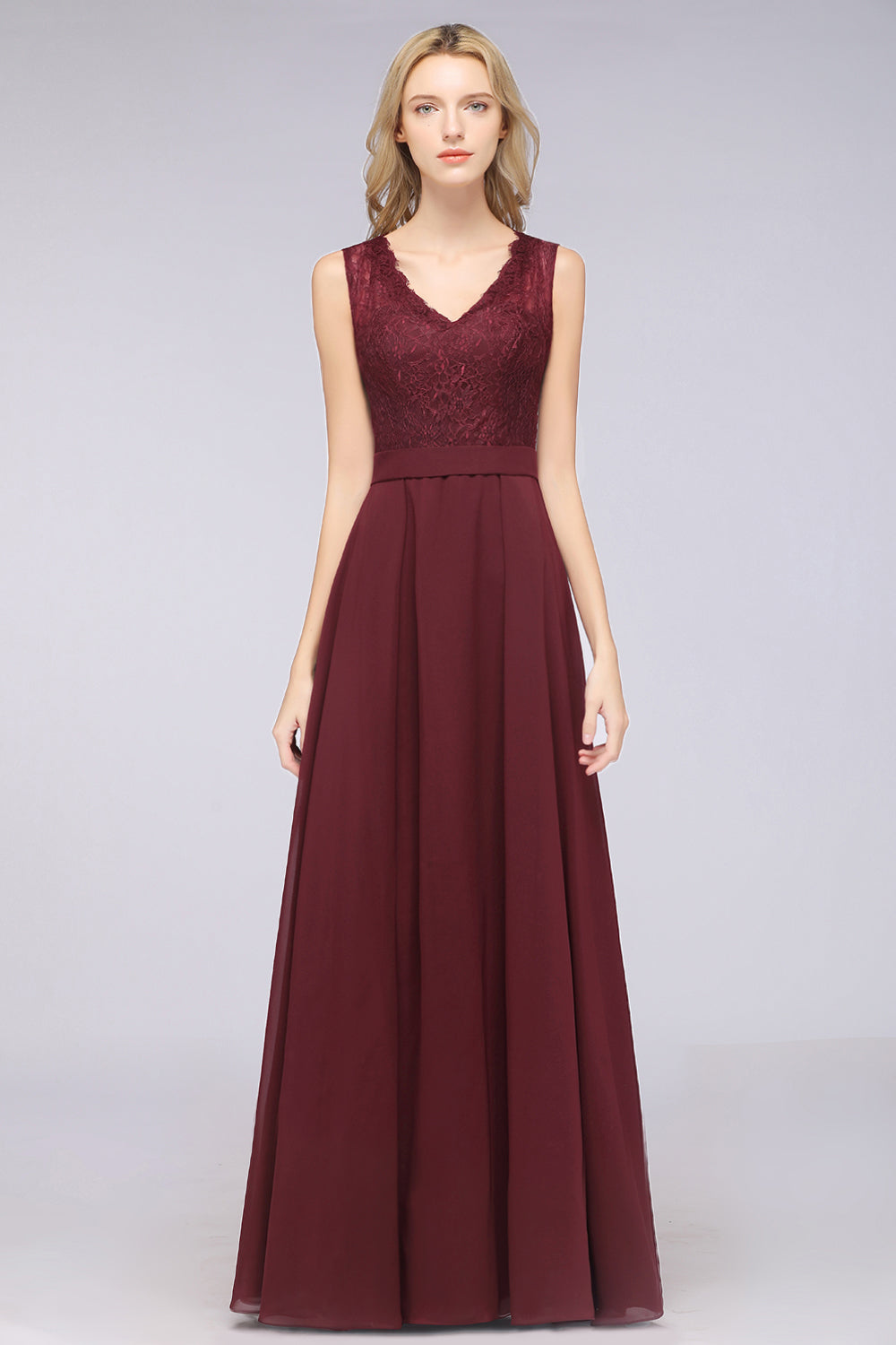 A-Line Chiffon Lace V-Neck Sleeveless Floor Length Bridesmaid Dress