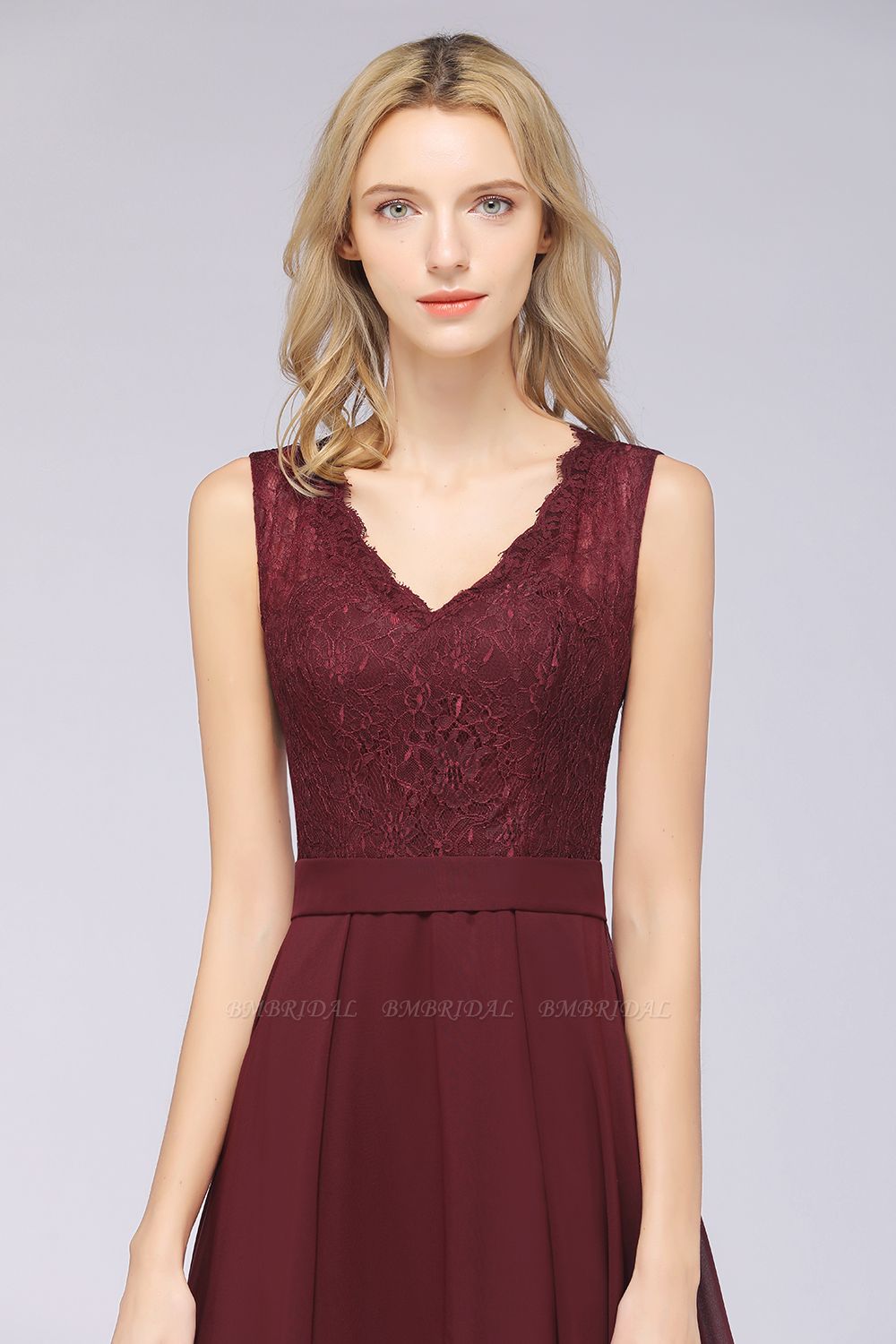 A-Line Chiffon Lace V-Neck Sleeveless Floor Length Bridesmaid Dress