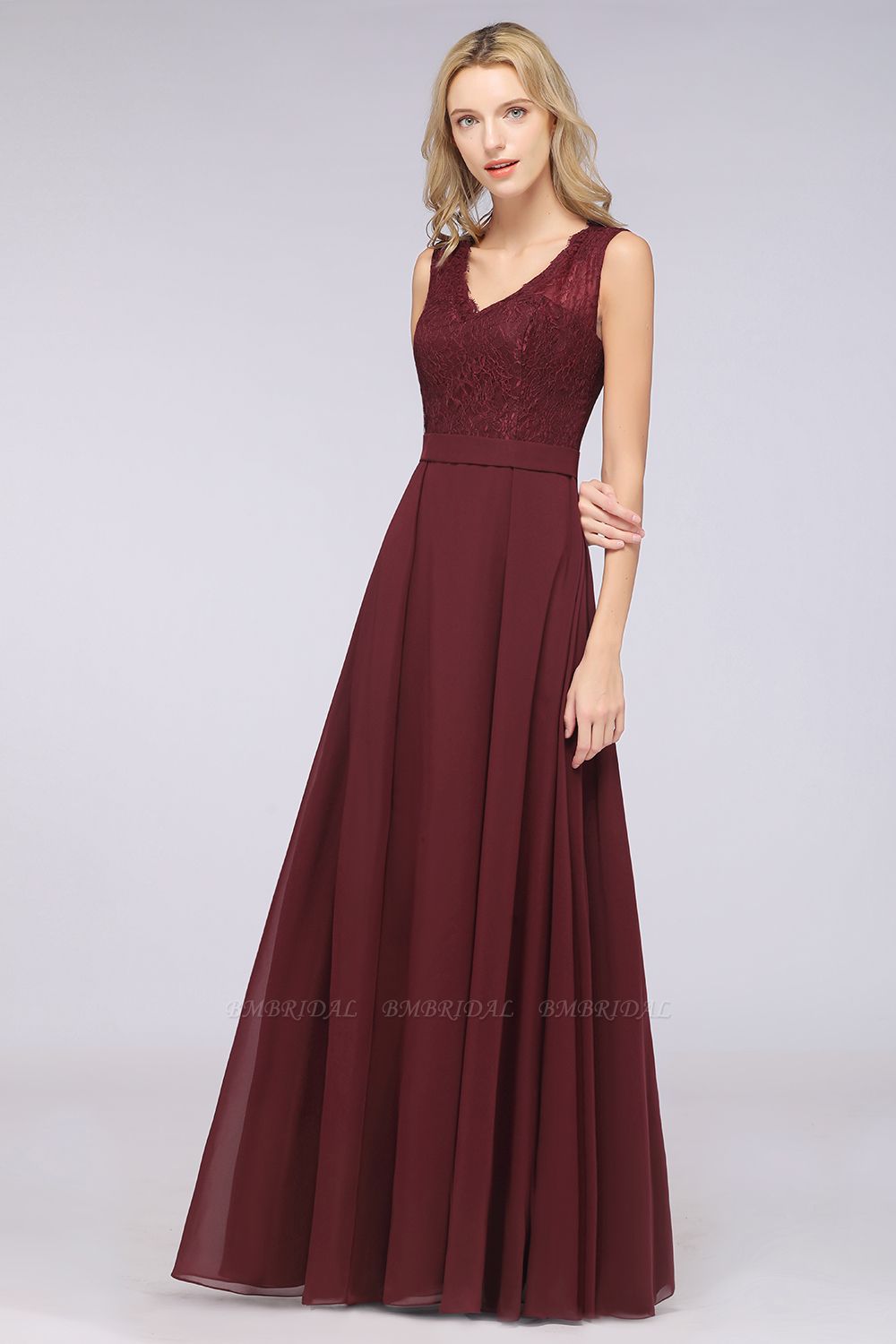 A-Line Chiffon Lace V-Neck Sleeveless Floor Length Bridesmaid Dress