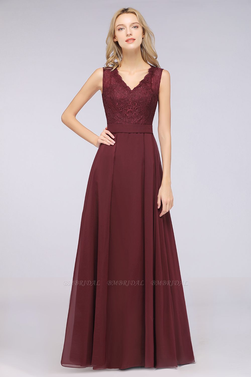 A-Line Chiffon Lace V-Neck Sleeveless Floor Length Bridesmaid Dress
