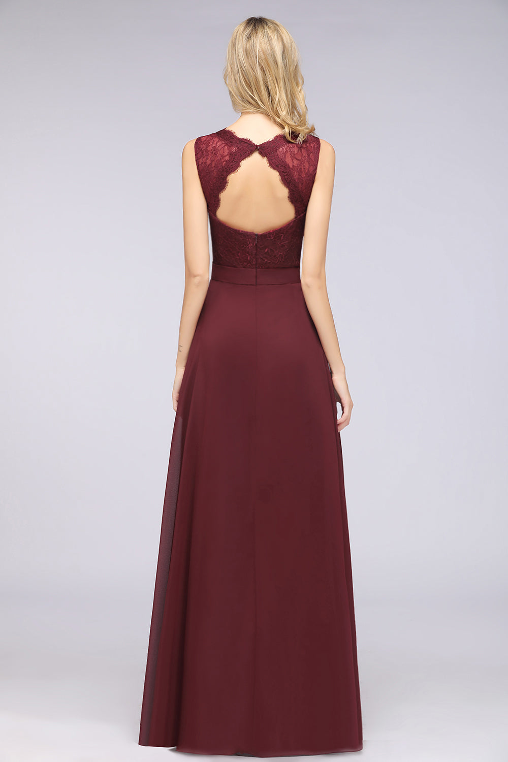 A-Line Chiffon Lace V-Neck Sleeveless Floor Length Bridesmaid Dress