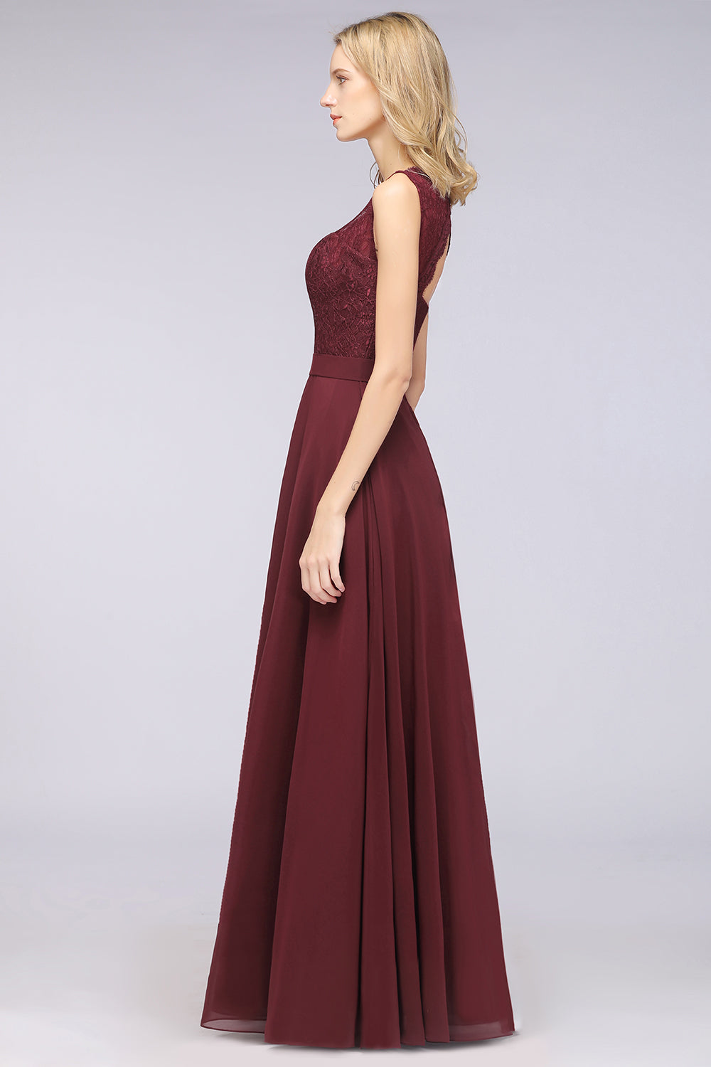 A-Line Chiffon Lace V-Neck Sleeveless Floor Length Bridesmaid Dress