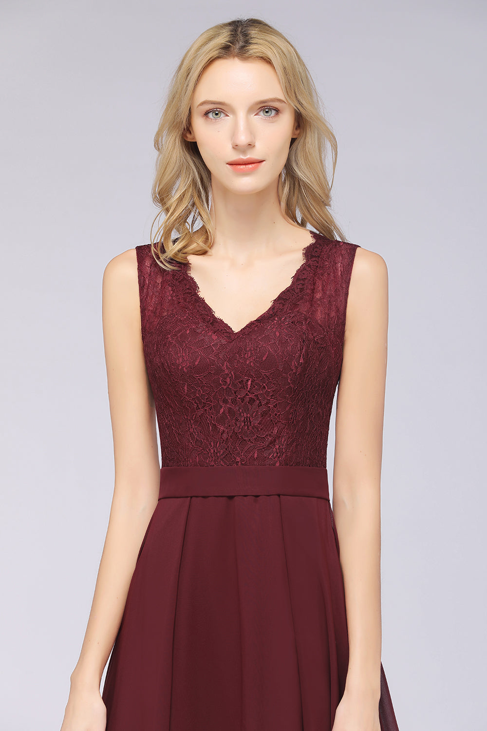 A-Line Chiffon Lace V-Neck Sleeveless Floor Length Bridesmaid Dress