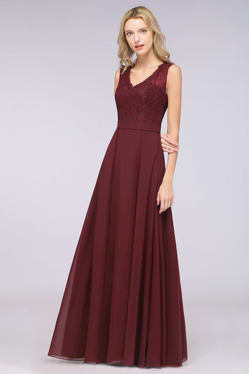 A-Line Chiffon Lace V-Neck Sleeveless Floor Length Bridesmaid Dress